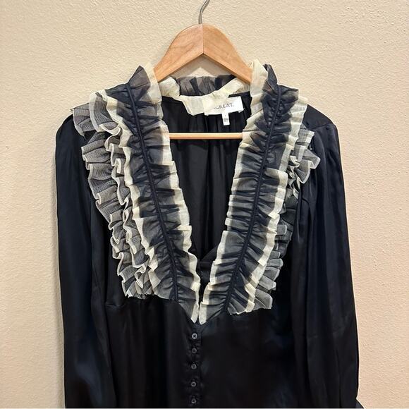 THE GREAT. Black White Ruffled Tuxedo Blouse Top 2 Medium - Picture 15 of 16